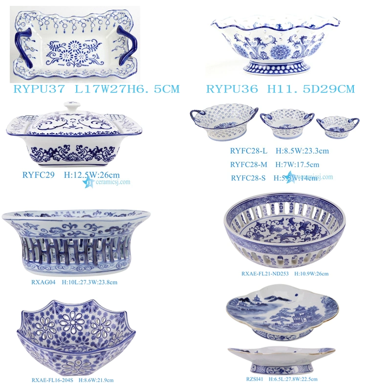 Ryfc28-L-M-S Blue and White Hollow Fruit Basket Three Piece Set Plate